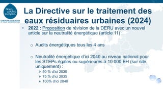 • 2022 : Proposition de révision de la DERU avec un nouvel
article sur la neutralité énergétique (article 11) :
o Audits énergétiques tous les 4 ans
o Neutralité énergétique d’ici 2040 au niveau national pour
les STEPs égales ou supérieures à 10 000 EH (sur site
uniquement) :
➢ 50 % d’ici 2030
➢ 75 % d’ici 2035
➢ 100% d’ici 2040
La Directive sur le traitement des
eaux résiduaires urbaines (2024)
 
