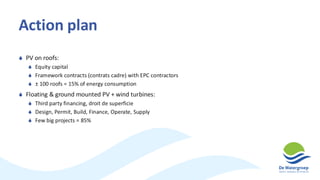 Action plan
 PV on roofs:
 Equity capital
 Framework contracts (contrats cadre) with EPC contractors
 ± 100 roofs = 15% of energy consumption
 Floating & ground mounted PV + wind turbines:
 Third party financing, droit de superficie
 Design, Permit, Build, Finance, Operate, Supply
 Few big projects = 85%
 