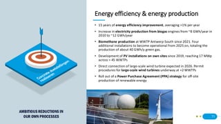 71
Energy efficiency & energy production
• 15 years of energy efficiency improvement, averaging >1% per year
• Increase in electricity production from biogas engines from ~8 GWh/year in
2010 to ~12 GWh/year
• Biomethane production at WWTP Antwerp-South since 2021. Four
additional installations to become operational from 2025 on, totaling the
production of about 40 GWh/y green gas.
• Development of PV installations on own sites since 2019, reaching 17 MWp
across > 45 WWTPs
• Direct connection of large-scale wind turbine expected in 2026. Permit
procedures for large-scale wind turbines underway at +2 WWTPs
• Roll out of a Power Purchase Agreement (PPA) strategy for off-site
production of renewable energy
AMBITIOUS REDUCTIONS IN
OUR OWN PROCESSES
 
