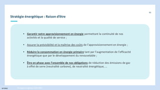 INTERNE
Stratégie énergétique : Raison d’être
90
Stratégie énergétique 2030-2050
• Garantir notre approvisionnement en énergie permettant la continuité de nos
activités et la qualité de service ;
• Assurer la prévisibilité et la maîtrise des coûts de l’approvisionnement en énergie ;
• Réduire la consommation en énergie primaire tant par l’augmentation de l’efficacité
énergétique que par le développement du renouvelable ;
• Être en phase avec l’ensemble de nos obligations de réduction des émissions de gaz
à effet de serre (neutralité carbone), de neutralité énergétique, …
 