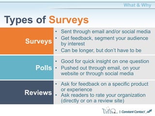 What & Why
Types of Surveys
• Sent through email and/or social media
• Get feedback, segment your audience
by interest
• Can be longer, but don’t have to be
Surveys
• Good for quick insight on one question
• Pushed out through email, on your
website or through social media
Polls
• Ask for feedback on a specific product
or experience
• Ask readers to rate your organization
(directly or on a review site)
Reviews
 