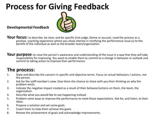 Process for Giving Feedback
Your focus: to describe, be clear, and be specific (not judge, blame or accuse). Lead the process as a
positive, coaching experience where you show interest in rectifying the performance issue (s) to the
benefit of the individual as well as the broader team/organization.
Your purpose: to raise the person's awareness and understanding of the issue in a way that they will take
responsibility for improving. You want to enable them to commit to a change in behavior or outlook and
commit to taking action to improve their performance.
The process:
1. State and describe the concern in specific and objective terms. Focus on actual behaviors / actions, not
the person.
2. Ask for the staff member's view. Give them the chance to share with you their thinking on why the
problem exists.
3. Indicate the negative impact created as a result of their behavior/actions on them, the team, the
organization.
4. Describe what you would like to see happening instead.
5. Problem solve ways to improve the performance to meet those expectations. Ask for, and listen, to their
ideas.
6. Propose a solution and set some goals.
7. Coach them to help them achieve the goals.
8. Review the achievement of goals and acknowledge improvements.
Developmental Feedback
 