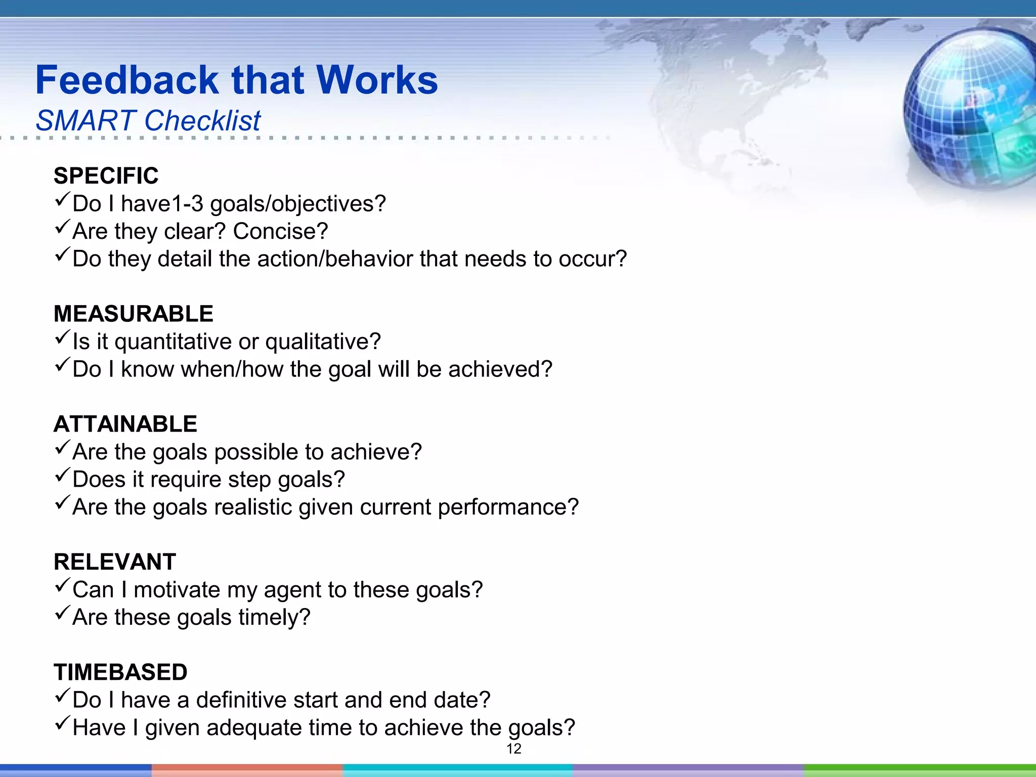 12
Feedback that Works
SMART Checklist
SPECIFIC
Do I have1-3 goals/objectives?
Are they clear? Concise?
Do they detail the action/behavior that needs to occur?
MEASURABLE
Is it quantitative or qualitative?
Do I know when/how the goal will be achieved?
ATTAINABLE
Are the goals possible to achieve?
Does it require step goals?
Are the goals realistic given current performance?
RELEVANT
Can I motivate my agent to these goals?
Are these goals timely?
TIMEBASED
Do I have a definitive start and end date?
Have I given adequate time to achieve the goals?
 