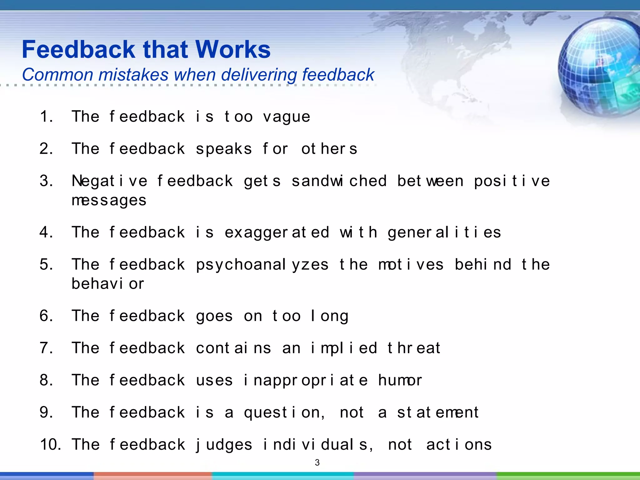 3
Feedback that Works
Common mistakes when delivering feedback
1. The f eedback i s t oo vague
2. The f eedback speaks f or ot her s
3. Negat i ve f eedback get s sandwi ched bet ween posi t i ve
messages
4. The f eedback i s exagger at ed wi t h gener al i t i es
5. The f eedback psychoanal yzes t he mot i ves behi nd t he
behavi or
6. The f eedback goes on t oo l ong
7. The f eedback cont ai ns an i mpl i ed t hr eat
8. The f eedback uses i nappr opr i at e humor
9. The f eedback i s a quest i on, not a st at ement
10. The f eedback j udges i ndi vi dual s, not act i ons
 