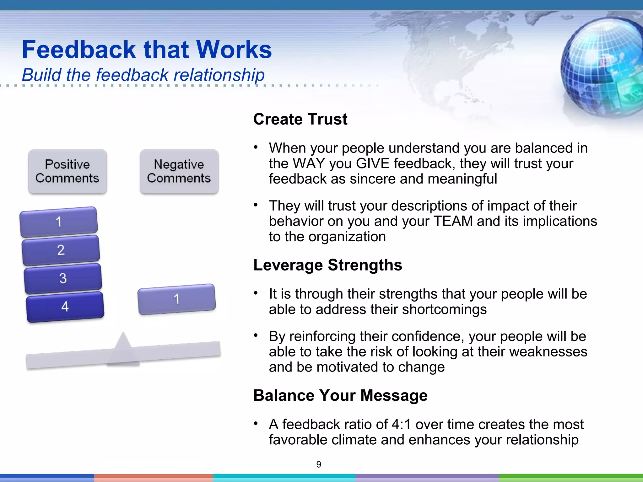 9
Feedback that Works
Build the feedback relationship
Create Trust
• When your people understand you are balanced in
the WAY you GIVE feedback, they will trust your
feedback as sincere and meaningful
• They will trust your descriptions of impact of their
behavior on you and your TEAM and its implications
to the organization
Leverage Strengths
• It is through their strengths that your people will be
able to address their shortcomings
• By reinforcing their confidence, your people will be
able to take the risk of looking at their weaknesses
and be motivated to change
Balance Your Message
• A feedback ratio of 4:1 over time creates the most
favorable climate and enhances your relationship
 