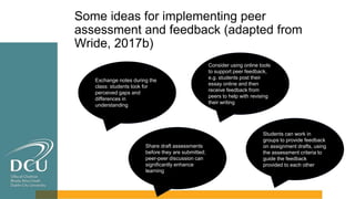 Some ideas for implementing peer
assessment and feedback (adapted from
Wride, 2017b)
Share draft assessments
before they are submitted;
peer-peer discussion can
significantly enhance
learning
Consider using online tools
to support peer feedback,
e.g. students post their
essay online and then
receive feedback from
peers to help with revising
their writing
Exchange notes during the
class: students look for
perceived gaps and
differences in
understanding
Students can work in
groups to provide feedback
on assignment drafts, using
the assessment criteria to
guide the feedback
provided to each other
 