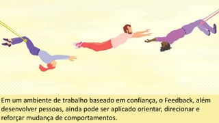 Em um ambiente de trabalho baseado em confiança, o Feedback, além
desenvolver pessoas, ainda pode ser aplicado orientar, direcionar e
reforçar mudança de comportamentos.
 