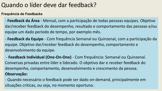 Frequência de Feedbacks
- Feedback da Área - Mensal, com a participação de todas pessoas equipes. Objetivo
dar/receber feedback do desempenho, resultado e comportamento das pessoas e/ou
equipe um dado período de tempo, por exemplo mês.
- Feedback da Equipe - Com frequência Semanal ou Quinzenal, com a participação da
equipe. Objetivo dar/receber feedback do desempenho, comportamento e
desenvolvimento da equipe.
- Feedback Individual (One-On-One) - Com frequência: Semanal ou Quinzenal.
Conversas privadas entre líder e liderado. O objetivo dar e receber feedback do
desempenho, comportamento, desenvolvimento e crescimento da pessoa.
Observação:
- Quando necessário o feedback pode ser dado on-demand, principalmente em
situações criticas, ou seja, no momento oportuno.
Quando o líder deve dar feedback?
 