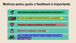 Motivos pelos quais o feedback é importante
Para manter as pessoas melhorando e evoluindo
Dá uma sensação de pertencimento e propósito
Fomenta o desenvolvimento e crescimento
Destrava a mudança e inovação
Feedback evita que equipes fiquem desmotivadas
e desengajadas
 