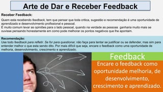 .
Receber Feedback:
Quem esta recebendo feedback, tem que pensar que toda critica, sugestão e recomendação é uma oportunidade de
aprendizado e desenvolvimento profissional e pessoal.
É muito comum levar as opiniões para o lado pessoal, quando na verdade as pessoas ganharia muito mais se
ouvisse pensando honestamente em como pode melhorar os pontos negativos que lhe apontam.
Recomendação:
Use todo feedback para refletir. Se for para questionar, não faça para tentar se justificar ou se defender, mas sim para
entender melhor o que esta sendo dito. Por mais difícil que seja, encare o feedback como uma oportunidade de
melhoria, desenvolvimento, crescimento e aprendizado.
Encare o feedback como
oportunidade melhoria, de
desenvolvimento,
crescimento e aprendizado.
Feedback
Arte de Dar e Receber Feedback
 