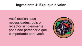 Você explica suas
necessidades, pois o
receptor simplesmente
pode não perceber o que
é importante para você.
Ingrediente 4: Explique o valor
 