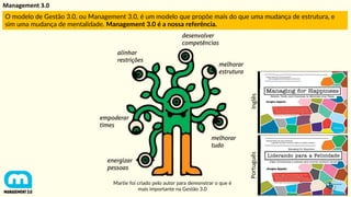 Management 3.0
O modelo de Gestão 3.0, ou Management 3.0, é um modelo que propõe mais do que uma mudança de estrutura, e
sim uma mudança de mentalidade. Management 3.0 é a nossa referência.
Martie foi criado pelo autor para demonstrar o que é
mais importante na Gestão 3.0
Inglês
Português
 