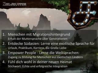 Saronia 
Lerne exotische Sprachen in einer Welt voller Magie 
1.Menschen mit MigrationshintergrundErhalt der Muttersprache über Generationen 
2.Entdecke Südasien: Lerne eine exotische Sprache fürUrlaub, Praktikum, Karriere, die Große Liebe 
3.Empower People -Lerne die Weltsprachen: Zugang zu Bildung für Menschen aus exotischen Ländern 
4.Fühl dich wohl in deiner neuen HeimatStichwort: Echte und erfolgreiche Integration  