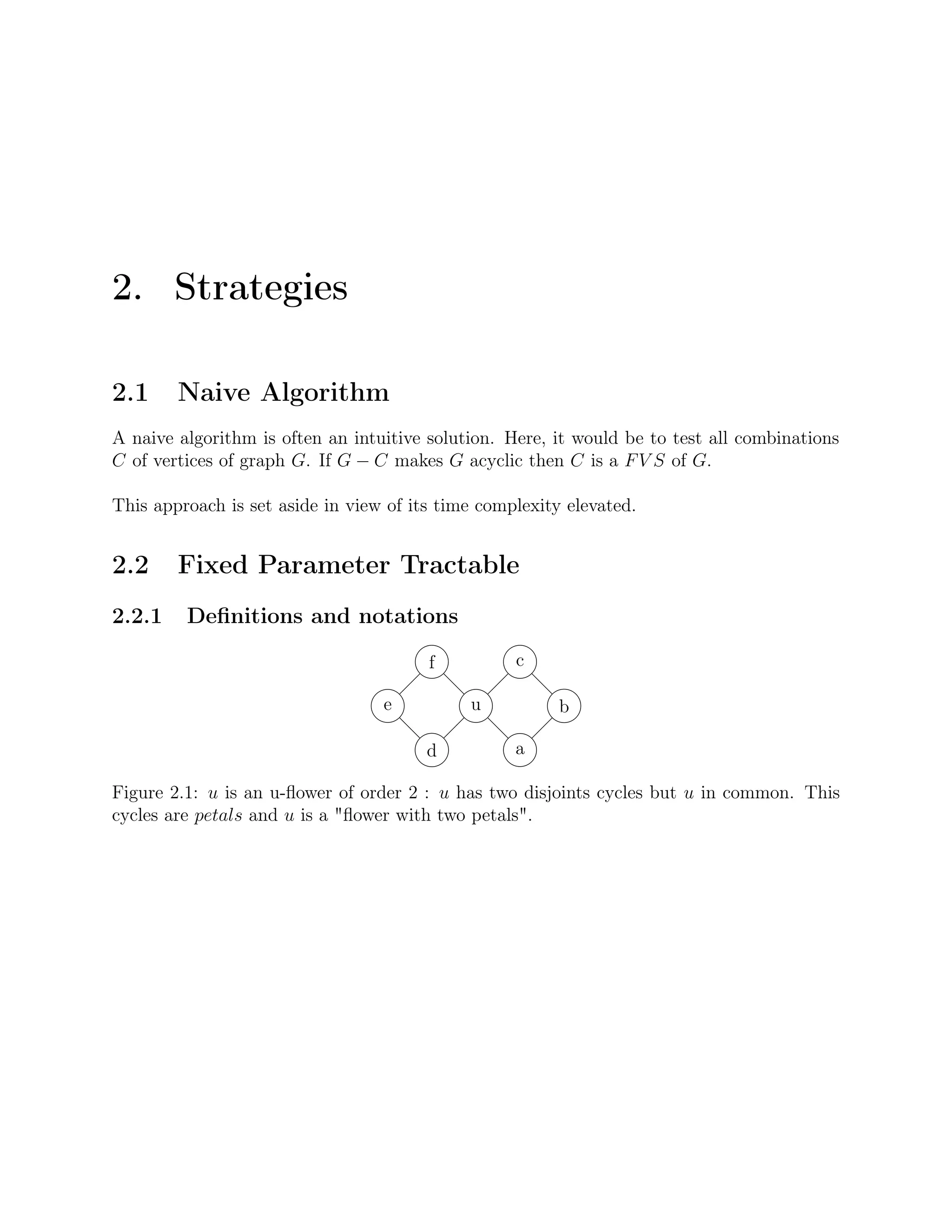 2. Strategies
2.1 Naive Algorithm
A naive algorithm is often an intuitive solution. Here, it would be to test all combinations
C of vertices of graph G. If G − C makes G acyclic then C is a FV S of G.
This approach is set aside in view of its time complexity elevated.
2.2 Fixed Parameter Tractable
2.2.1 Deﬁnitions and notations
u
a
b
c
d
e
f
Figure 2.1: u is an u-ﬂower of order 2 : u has two disjoints cycles but u in common. This
cycles are petals and u is a "ﬂower with two petals".
 