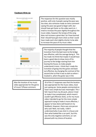 Feedback Write Up
The responses for this question was mostly
positive, with only 3 people saying the pace was
too slow, also someone made an extra comment
saying the pace was good to begin with, but
should have got faster as the video went on. I
tried to increase the pace slightly throughout the
music video, however the tempo of the song
does not increase a great deal. So I have learned
that I should have got more shots so that I could
have made each shot slightly shorter to be able
to increase the pace of my music video.
The majority of people thought that the
transition from the bed room to the bridge
was effective, with the average being 4. This
has made me think that maybe it would have
been a good idea to show more of his
journey to the bridge starting from him
leaving the house, to make people
understand it more. I think that I made the
transition of going into the guitar and back
out effective, by changing the contrast of the
second shot so that it was as dark as when I
tracked in, when the guitar was in the
bedroom.
Was the location of my music
video appropriate for the genre
of music? (Please comment.
16 of the 17 responses says that the location
was appropriate for the music video, most
just saying yes. Some people commented on
how it was simple but was meaningful. This I
felt I learnt from my AS work, where I tried
to make it too complicated, which meant I
couldn't get effective shots, so for my music
video I decided to go for the more simple
approach trying to make it more effective, I
appear to have done well based on my
feedback. However, there was one person
who said 'Well, not really, I didn't
understand why it was shot in a house and
then what looked like a car park', but this
was the only negative comment, so I am
pleased with my choice of location.
 
