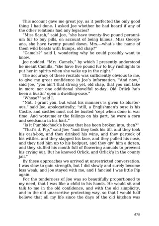This account gave me great joy, as it perfected the only good
thing I had done. I asked Joe whether he had heard if any of
the other relations had any legacies?
“Miss Sarah,” said Joe, “she have twenty-five pound peranni-
um fur to buy pills, on account of being bilious. Miss Georgi-
ana, she have twenty pound down. Mrs.—what’s the name of
them wild beasts with humps, old chap?”
“Camels?” said I, wondering why he could possibly want to
know.
Joe nodded. “Mrs. Camels,” by which I presently understood
he meant Camilla, “she have five pound fur to buy rushlights to
put her in spirits when she wake up in the night.”
The accuracy of these recitals was sufficiently obvious to me,
to give me great confidence in Joe’s information. “And now,”
said Joe, “you ain’t that strong yet, old chap, that you can take
in more nor one additional shovelful to-day. Old Orlick he’s
been a bustin’ open a dwelling-ouse.”
“Whose?” said I.
“Not, I grant you, but what his manners is given to bluster-
ous,” said Joe, apologetically; “still, a Englishman’s ouse is his
Castle, and castles must not be busted ‘cept when done in war
time. And wotsume’er the failings on his part, he were a corn
and seedsman in his hart.”
“Is it Pumblechook’s house that has been broken into, then?”
“That’s it, Pip,” said Joe; “and they took his till, and they took
his cash-box, and they drinked his wine, and they partook of
his wittles, and they slapped his face, and they pulled his nose,
and they tied him up to his bedpust, and they giv’ him a dozen,
and they stuffed his mouth full of flowering annuals to prewent
his crying out. But he knowed Orlick, and Orlick’s in the county
jail.”
By these approaches we arrived at unrestricted conversation.
I was slow to gain strength, but I did slowly and surely become
less weak, and Joe stayed with me, and I fancied I was little Pip
again.
For the tenderness of Joe was so beautifully proportioned to
my need, that I was like a child in his hands. He would sit and
talk to me in the old confidence, and with the old simplicity,
and in the old unassertive protecting way, so that I would half
believe that all my life since the days of the old kitchen was
479
 
