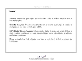FACULDADES ASSOCIADAS DE SÃO PAULO COMO ? Antena:  responsável por captar os sinais entre 2GHz a 3GHz e enviá-lo para o circuito receptor.  Circuito Receptor:  Trabalha em conjunto com a antena, sua função é receber o sinal passado por ela e enviá-lo para o DSP. DSP  ( Digital Signal Processor ): Processador digital de sinal, sua função é filtrar o sinal recebido analisando a suas características como intensidade, amplitude, potência e freqüência. Micro controlador:  Será utilizado para fazer o controle do teclado e seleção da freqüência . FEEDER MACHINE CORPORATION  © 