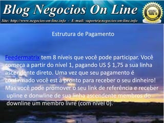 Estrutura de Pagamento

Feedermatrix tem 8 níveis que você pode participar. Você
começa a partir do nível 1, pagando US $ 1,75 a sua linha
ascendente direto. Uma vez que seu pagamento é
confirmado você est á pronto para receber o seu dinheiro!
Mas você pode promover o seu link de referência e receber
upline e donwline de sua linha ascendente membros do
downline um membro livre (com nível 0).

 