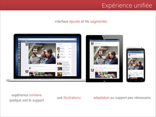 Expérience uniﬁée
                          Ce que Facebook souhaite...
                           interface épurée et fils segmentés




 expérience similaire
                            axé illustrations       adaptation au support pas nécessaire
quelque soit le support
 