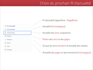 Choix du prochain ﬁl d’actualité



 Fil d’actualité (algorithme - EdgeRank).

 Actualité (chronologique).

 Actualité des amis uniquement.

 Photos des amis et des pages.

 Ce que les amis écoutent et actualité des artistes.


 Actualité des pages et abonnements (chronologique).
 