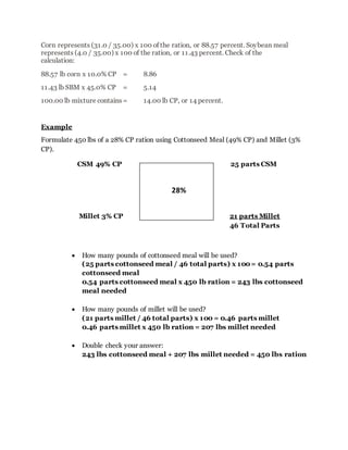 Corn represents (31.0 / 35.00) x 100 of the ration, or 88.57 percent. Soybean meal
represents (4.0 / 35.00) x 100 of the ration, or 11.43 percent. Check of the
calculation:
88.57 lb corn x 10.0% CP = 8.86
11.43 lb SBM x 45.0% CP = 5.14
100.00 lb mixture contains = 14.00 lb CP, or 14 percent.
Example
Formulate 450 lbs of a 28% CP ration using Cottonseed Meal (49% CP) and Millet (3%
CP).
CSM 49% CP 25 parts CSM
Millet 3% CP 21 parts Millet
46 Total Parts
 How many pounds of cottonseed meal will be used?
(25 parts cottonseed meal / 46 total parts) x 100= 0.54 parts
cottonseed meal
0.54 parts cottonseed meal x 450 lb ration = 243 lbs cottonseed
meal needed
 How many pounds of millet will be used?
(21 parts millet / 46 total parts) x 100 = 0.46 parts millet
0.46 parts millet x 450 lb ration = 207 lbs millet needed
 Double check your answer:
243 lbs cottonseed meal + 207 lbs millet needed = 450 lbs ration
28%
 