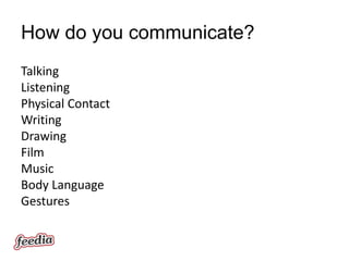 How do you communicate?
Talking
Listening
Physical Contact
Writing
Drawing
Film
Music
Body Language
Gestures
 
