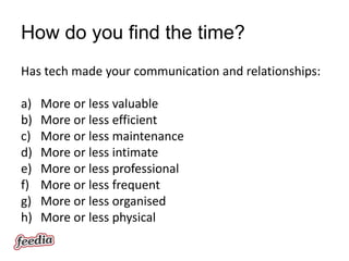 How do you find the time?
Has tech made your communication and relationships:

a)   More or less valuable
b)   More or less efficient
c)   More or less maintenance
d)   More or less intimate
e)   More or less professional
f)   More or less frequent
g)   More or less organised
h)   More or less physical
 