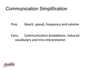 Communication Simplification


  Pros   Reach, speed, frequency and volume


  Cons   Communication breakdown, reduced
    vocabulary and mis-interpretation
 
