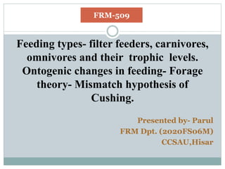 Feeding types- filter feeders, carnivores,
omnivores and their trophic levels.
Ontogenic changes in feeding- Forage
theory- Mismatch hypothesis of
Cushing.
Presented by- Parul
FRM Dpt. (2020FS06M)
CCSAU,Hisar
FRM-509
 