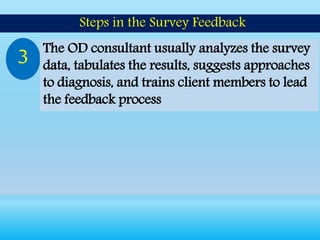 Steps in the Survey Feedback
3 The OD consultant usually analyzes the survey
data, tabulates the results, suggests approaches
to diagnosis, and trains client members to lead
the feedback process
 