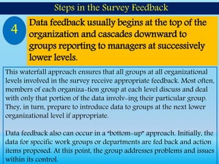 This waterfall approach ensures that all groups at all organizational
levels involved in the survey receive appropriate feedback. Most often,
members of each organiza-tion group at each level discuss and deal
with only that portion of the data involv-ing their particular group.
They, in turn, prepare to introduce data to groups at the next lower
organizational level if appropriate.
Data feedback also can occur in a “bottom-up” approach. Initially, the
data for specific work groups or departments are fed back and action
items proposed. At this point, the group addresses problems and issues
within its control.
Steps in the Survey Feedback
4 Data feedback usually begins at the top of the
organization and cascades downward to
groups reporting to managers at successively
lower levels.
 