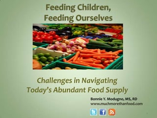 Challenges in Navigating
Today’s Abundant Food Supply
                 Bonnie Y. Modugno, MS, RD
                 www.muchmorethanfood.com

                                             1
 