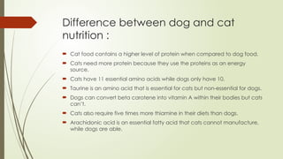 Difference between dog and cat
nutrition :
 Cat food contains a higher level of protein when compared to dog food.
 Cats need more protein because they use the proteins as an energy
source.
 Cats have 11 essential amino acids while dogs only have 10.
 Taurine is an amino acid that is essential for cats but non-essential for dogs.
 Dogs can convert beta carotene into vitamin A within their bodies but cats
can’t.
 Cats also require five times more thiamine in their diets than dogs.
 Arachidonic acid is an essential fatty acid that cats cannot manufacture,
while dogs are able.
 