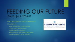 FEEDING OUR FUTURE
LDA Project: 2016-17
BOYS AND GIRLS CLUB OF JANESVILLE
TEAM BLAHW
WENDY BUMGARNER – JOHNSON BANK
LILY LUX – ANGI ENERGY SYSTEMS
JOSH ANDERSEN – SSM HEALTH
ANGELA HOIUM – BLACKHAWK CREDIT UNION
MICHAEL WARREN – CITY OF JANESVILLE
 
