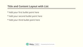 Title and Content Layout with List
 Add your first bullet point here
 Add your second bullet point here
 Add your third bullet point here
 