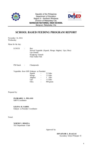 Bangcud National High School Feeding program report