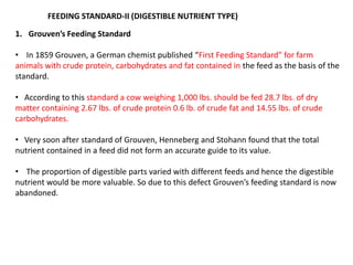 FEEDING STANDARD-II (DIGESTIBLE NUTRIENT TYPE)
1. Grouven’s Feeding Standard
• In 1859 Grouven, a German chemist published “First Feeding Standard” for farm
animals with crude protein, carbohydrates and fat contained in the feed as the basis of the
standard.
• According to this standard a cow weighing 1,000 lbs. should be fed 28.7 lbs. of dry
matter containing 2.67 lbs. of crude protein 0.6 lb. of crude fat and 14.55 lbs. of crude
carbohydrates.
• Very soon after standard of Grouven, Henneberg and Stohann found that the total
nutrient contained in a feed did not form an accurate guide to its value.
• The proportion of digestible parts varied with different feeds and hence the digestible
nutrient would be more valuable. So due to this defect Grouven’s feeding standard is now
abandoned.
 