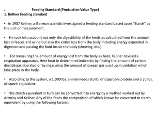 . Feeding Standard (Production Value Type)
1. Kellner feeding standard
• In 1907 Kellner, a German scientist investigated a feeding standard based upon “Starch” as
the unit of measurement.
• He took into account not only the digestibility of the feeds as calculated from the amount
lost in faeces and urine but also the entire loss from the body including energy expended in
digestion and passing the food inside the body (chewing, etc.).
• For measuring the amount of energy lost from the body as heat, Kellner devised a
respiration apparatus. Here heat in determined indirectly by finding the amount of carbon
dioxide gas liberated or by measuring the amount of oxygen gas used up in oxidation which
take place in the body.
• According to this system, a 1,000 lbs. animal needs 0.6 lb. of digestible protein and 6.35 lbs.
of starch equivalent.
• This starch equivalent in turn can be converted into energy by a method worked out by
Armsby and Kellner. Any of the feeds the composition of which known be converted to starch
equivalent by using the following factors:
 