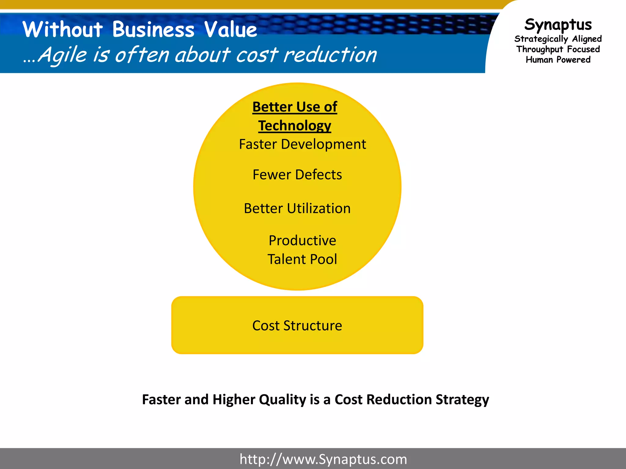 The Bargain of AgileThe business gets product faster, better, cheaperTeams get environment that promotes high trust and satisfactionHow we get there ( a few focus areas)Fit with customer desireFlowVisibilityCollaborationWe are missing something BIG: Business Value