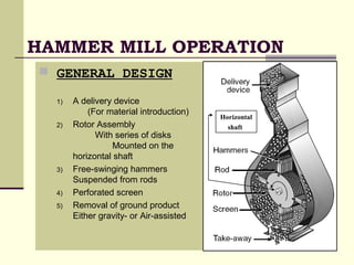 HAMMER MILL OPERATION
 GENERAL DESIGN
1) A delivery device
(For material introduction)
2) Rotor Assembly
With series of disks
Mounted on the
horizontal shaft
3) Free-swinging hammers
Suspended from rods
4) Perforated screen
5) Removal of ground product
Either gravity- or Air-assisted
Horizontal
shaft
 