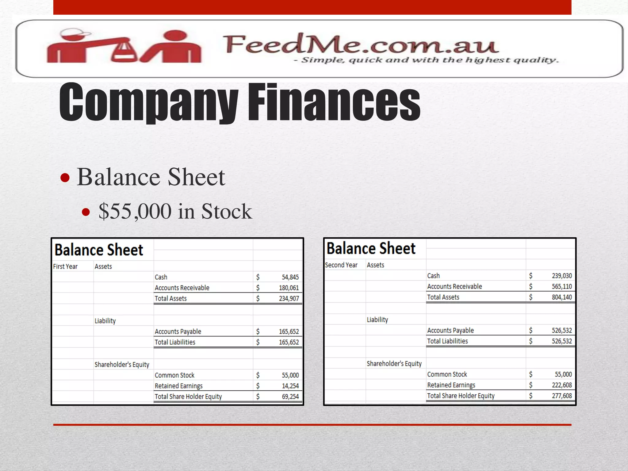 Company Finances
• Balance Sheet	

  •  $55,000 in Stock	

 
