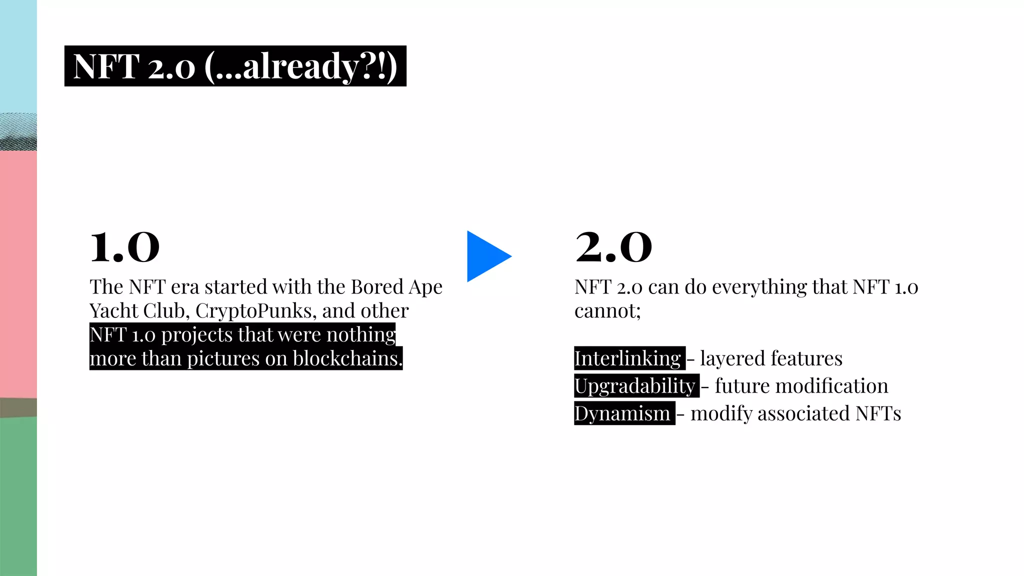 .
.
.
.
.
.
.
.
.
.
.
.
.
.
.
.
.
.
.
.
.
.
.
.
.
.
.
.
.
.
.
.
.
.
.
.
.
.
.
.
.
.
.
.
.
.
.
.
.
.
.
.
.
.
.
.
.
.
.
.
.
.
.
.
.
.
NFT 2.0 (...already?!).
1.0
The NFT era started with the Bored Ape
Yacht Club, CryptoPunks, and other
NFT 1.0 projects that were nothing
more than pictures on blockchains.
2.0
NFT 2.0 can do everything that NFT 1.0
cannot;
Interlinking - layered features
Upgradability - future modiﬁcation
Dynamism - modify associated NFTs
 