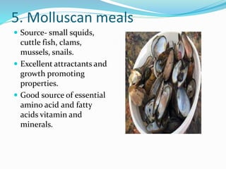 5. Molluscan meals
 Source- small squids,
cuttle fish, clams,
mussels, snails.
 Excellent attractants and
growth promoting
properties.
 Good source of essential
amino acid and fatty
acids vitamin and
minerals.
 