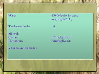 Protein supplementFeed preparationsPelleting and cubingConcentrate requirement for adult goatMaintenance- 250 g/ 50 Kg body weight