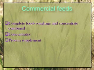 Hays and other roughages-most economical,   good quality legume hay/mixed legume grass- excellent source of nutrients