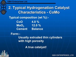 2. Typical Hydrogenation Catalyst
Characteristics - CoMo
Typical composition (wt %):-
CoO 4.0 %
MoO3 12.0 %
Cement Balance
Form:-
Usually extruded thin cylinders
with high porosity
A true catalyst!
GBH Enterprises Ltd.
 
