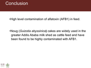 Conclusion
•High level contamination of aflatoxin (AFB1) in feed.
•Noug (Guizotia abyssinica) cakes are widely used in the
greater Addis Ababa milk shed as cattle feed and have
been found to be highly contaminated with AFB1.
 