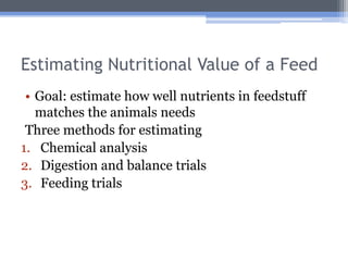 Estimating Nutritional Value of a Feed
 • Goal: estimate how well nutrients in feedstuff
   matches the animals needs
 Three methods for estimating
1. Chemical analysis
2. Digestion and balance trials
3. Feeding trials
 