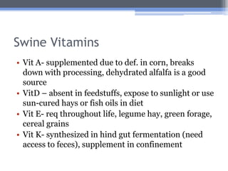 Swine Vitamins
• Vit A- supplemented due to def. in corn, breaks
  down with processing, dehydrated alfalfa is a good
  source
• VitD – absent in feedstuffs, expose to sunlight or use
  sun-cured hays or fish oils in diet
• Vit E- req throughout life, legume hay, green forage,
  cereal grains
• Vit K- synthesized in hind gut fermentation (need
  access to feces), supplement in confinement
 