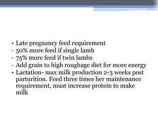 •   Late pregnancy feed requirement
-   50% more feed if single lamb
-   75% more feed if twin lambs
-   Add grain to high roughage diet for more energy
•   Lactation- max milk production 2-3 weeks post
    parturition. Feed three times her maintenance
    requirement, must increase protein to make
    milk
 